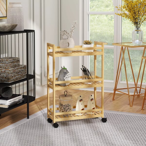 HOMCOM Bambus serveringsvogn i 3 etager, køkkenvogn med hjul, opbevaring 55x20x75 cm naturtræ