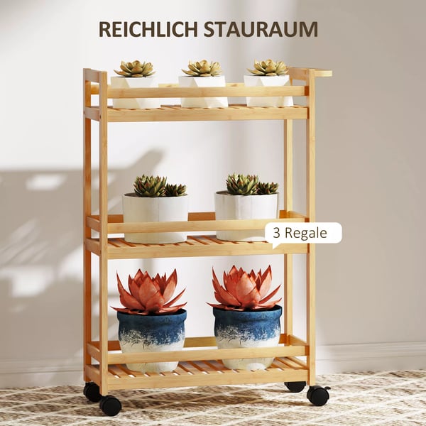 HOMCOM Bambus serveringsvogn i 3 etager, køkkenvogn med hjul, opbevaring 55x20x75 cm naturtræ
