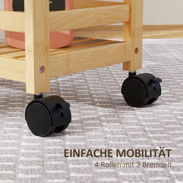 HOMCOM Bambus serveringsvogn i 3 etager, køkkenvogn med hjul, opbevaring 55x20x75 cm naturtræ
