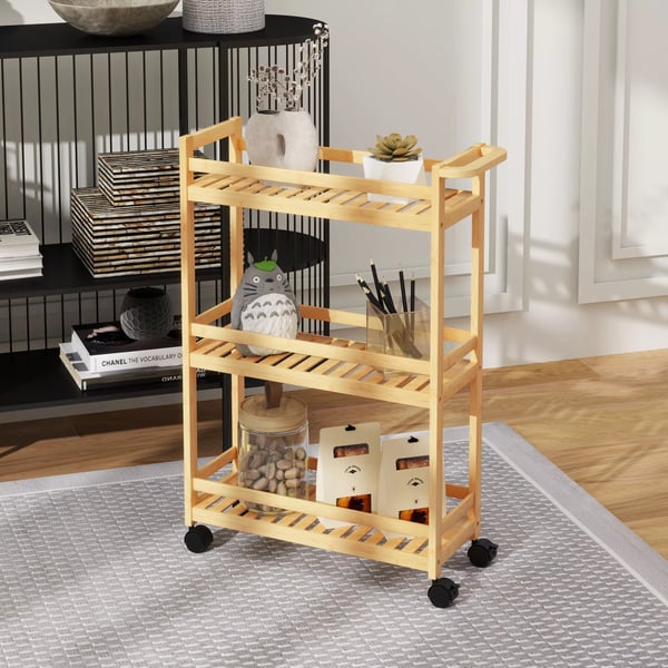 HOMCOM Bambus serveringsvogn i 3 etager, køkkenvogn med hjul, opbevaring 55x20x75 cm naturtræ