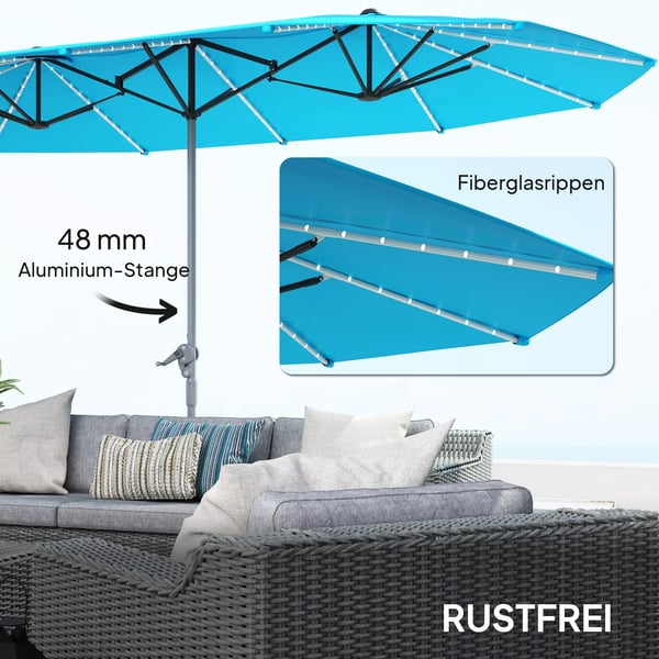 Outsunny Dobbelt Parasol med Solcelle-LED, 451x267 cm, Aluminium, Blå, UV 50+