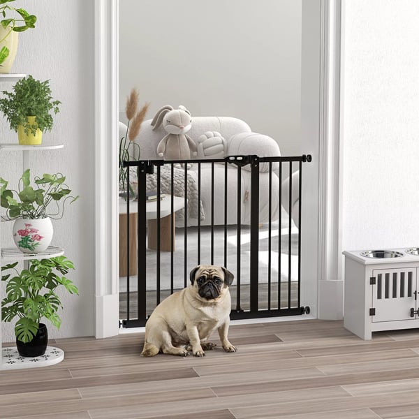 PawHut Dørsikkerhedsgitter til Hund, Metal/Plast, Sort, 74-80/87-94 cm Justerbar Bredde, Sikkerhedsgitter uden Boring til Trapper og Døråbninger