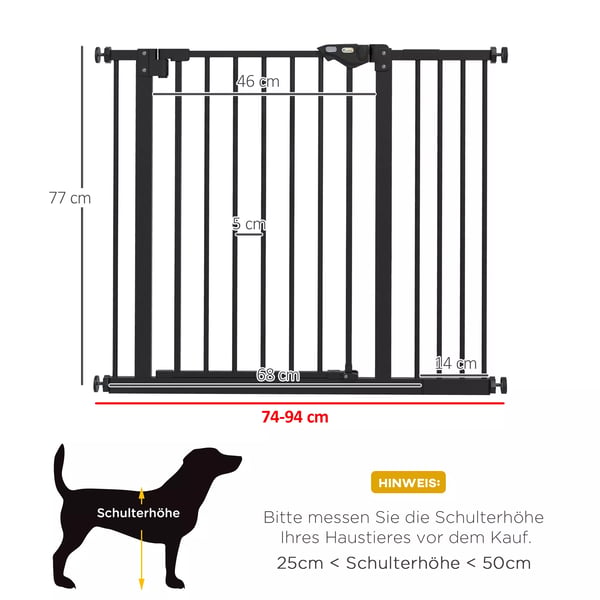 PawHut Dørsikkerhedsgitter til Hund, Metal/Plast, Sort, 74-80/87-94 cm Justerbar Bredde, Sikkerhedsgitter uden Boring til Trapper og Døråbninger