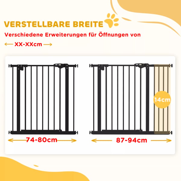 PawHut Dørsikkerhedsgitter til Hund, Metal/Plast, Sort, 74-80/87-94 cm Justerbar Bredde, Sikkerhedsgitter uden Boring til Trapper og Døråbninger