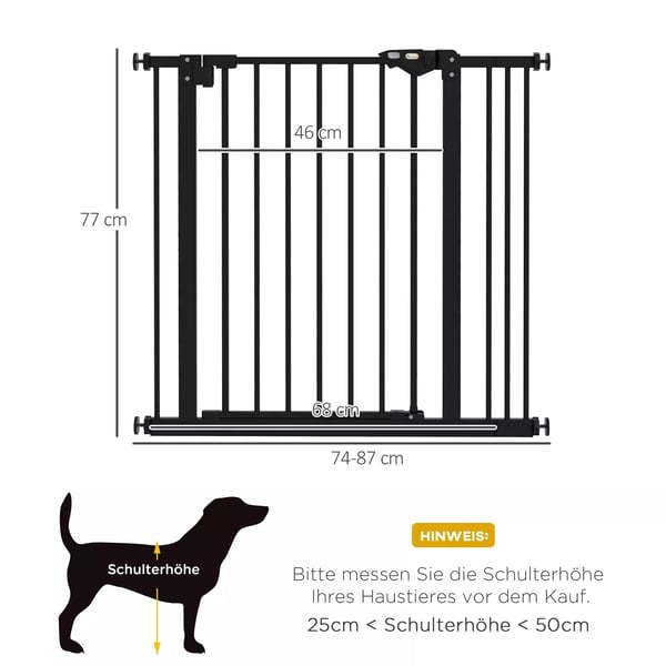 PawHut Hundegitter til dørområder og trapper - Metal/Plast, Sort - 74-87 cm justerbart sikkerhedsgitter