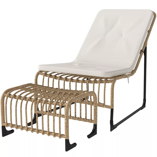 Outsunny Loungestol i PE-rotting, Cremeweiß, med fodskammel, UV-resistent havestol med hynde
