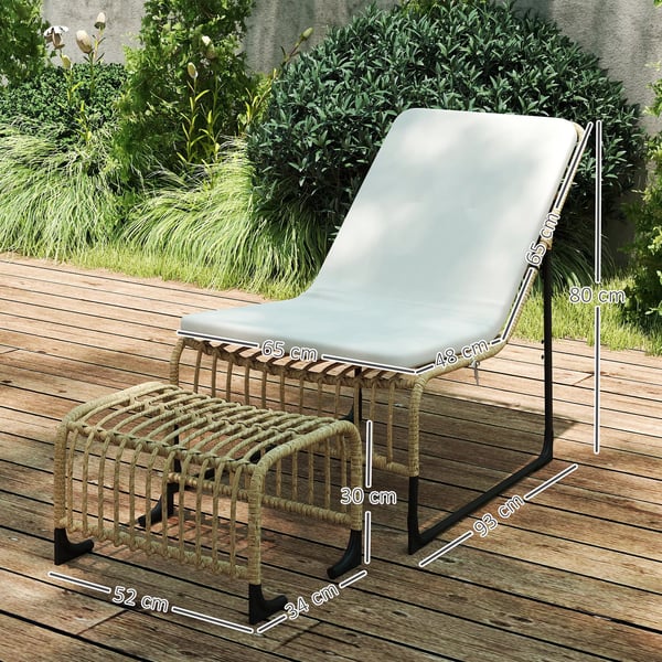 Outsunny Loungestol i PE-rotting, Cremeweiß, med fodskammel, UV-resistent havestol med hynde