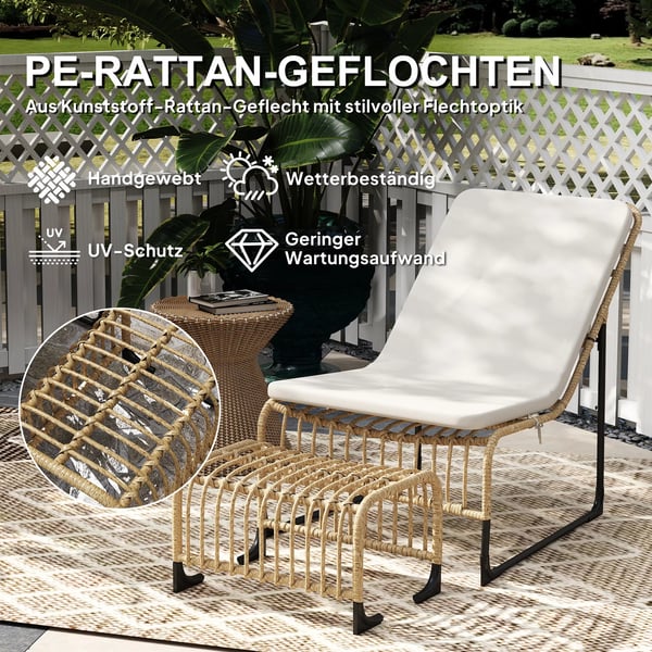 Outsunny Loungestol i PE-rotting, Cremeweiß, med fodskammel, UV-resistent havestol med hynde