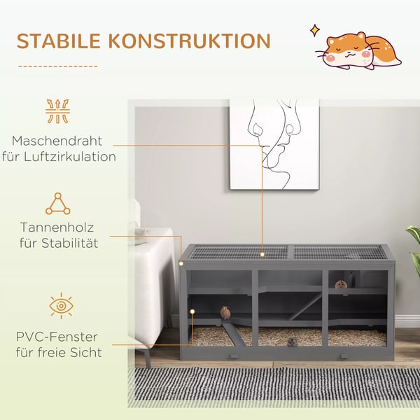 PawHut Hamsterbur i Gran og Plastik, Grå - 115 x 57 x 55 cm