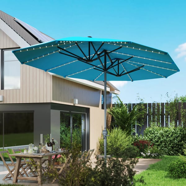 Outsunny Dobbelt Parasol med Solcelle-LED, 451x267 cm, Aluminium, Blå, UV 50+