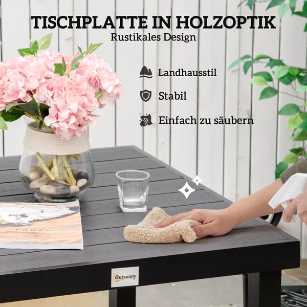 Outsunny havebord til 4 personer, kompakt spisebord, vedligeholdelsesvenligt aluminiumsbord, havemøbler, plast, sort, 80x80x74 cm