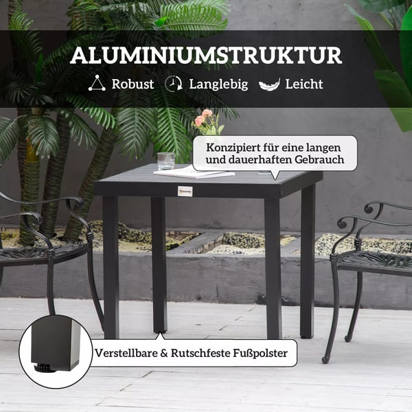 Outsunny havebord til 4 personer, kompakt spisebord, vedligeholdelsesvenligt aluminiumsbord, havemøbler, plast, sort, 80x80x74 cm