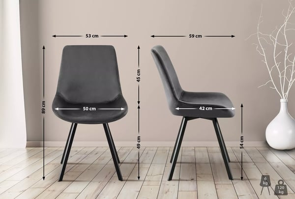 Sæt med 2 mørkegrå velour drejelige spisebordsstole med metalfod
