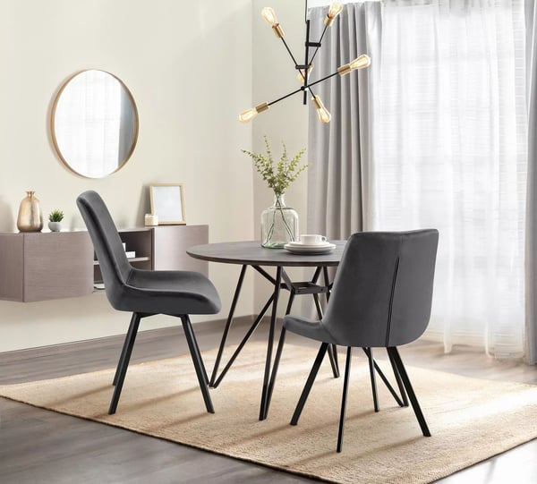 Sæt med 2 mørkegrå velour drejelige spisebordsstole med metalfod