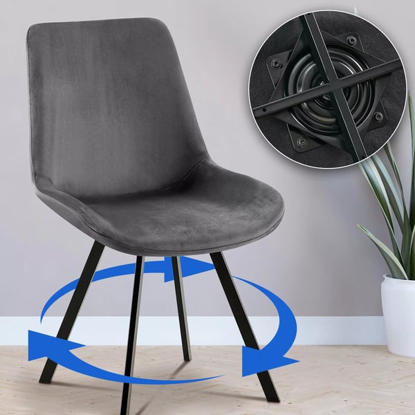 Sæt med 2 mørkegrå velour drejelige spisebordsstole med metalfod