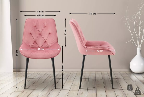 Sæt med 2 lyserøde velour spisebordsstole med matsorte metalben