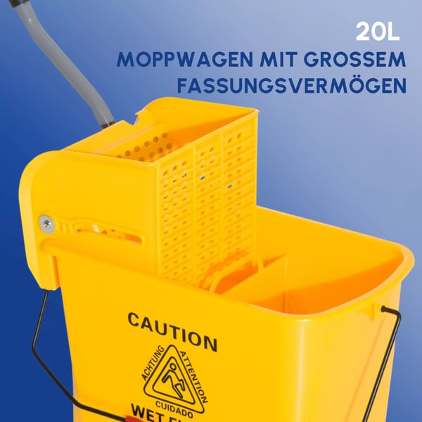 HOMCOM Rengøringsvogn med 20L spand, presse og 2 rum - Gul Plast