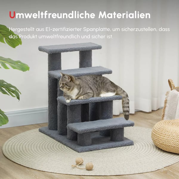 PawHut Kæledyrstrappe 4 Trin - Grå Spånplade & Plys - Til Katte & Hunde, 63,5x43x60cm