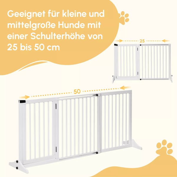 PawHut hundegitter, fritstående sikkerhedsgitter i træ med dør, hvid, 113-166x36x71cm