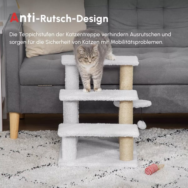PawHut Kæledyrstrappe med Kradsetræ og Legetøjskugle - 3 Trin Hundetrappe Katte-trappe - Spånplade, Plys, Jute - Hvid 45x40x48 cm