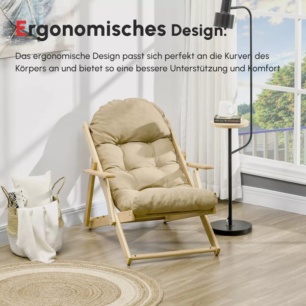 HOMCOM Lænestol i Bøg, Foldbar, Polstret med 3-trins justerbart ryglæn, Brun, Stue, 71 x 89 x 96 cm