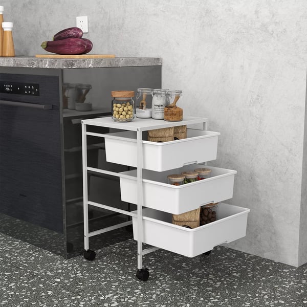 HOMCOM Rullebord, Serveringsvogn med 3 hylder, Hvid, Plastik, 40,8 x 33,5 x 60,5 cm