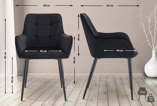 Sæt med 2 Ferndale sorte velour spisebordsstole med metalstel