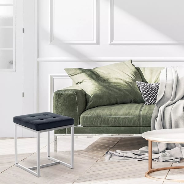 Barci Ottoman Skammel - Sort Imiteret Læder med Rustfrit Stål Stel, 40x40x48 cm