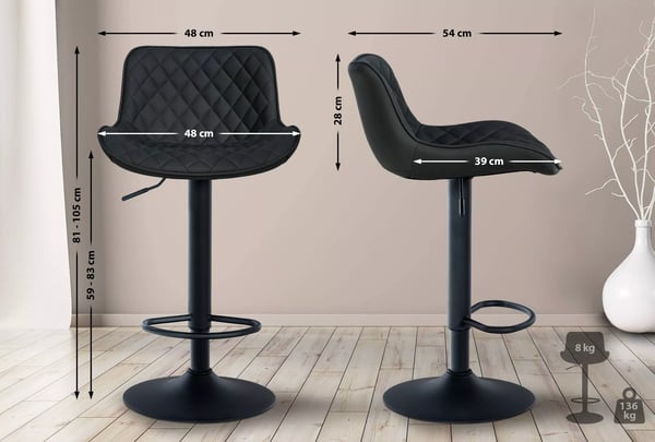 2 x Keinonahkainen Baarijakkara, Musta, Metalli, Korkeudensäädettävä
