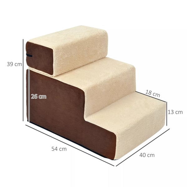 PawHut Kæledyrstrappe med 3 Trin - Plys, Beige - Perfekt til Ældre, Små Hunde og Katte, 54x40x39cm