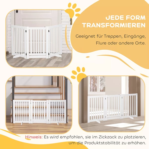 PawHut Hundegitter i træ, fritstående sikkerhedsgitter til hunde, justerbart, foldbart, hvid, 155x1,5x76 cm