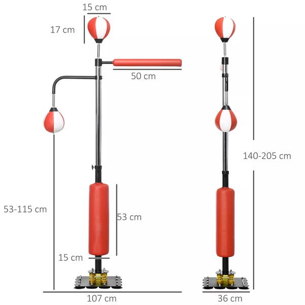 Træningsboksestativ med 2 Speedballs og Refleksstang, Justerbar Højde 140-205cm, Stål/Kunstlæder, Sort/Rød/Hvid