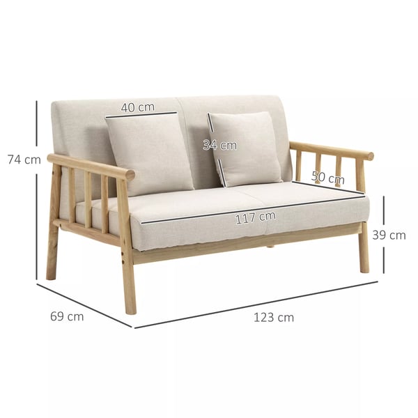 HOMCOM 2-personers sofa, beige, polyester, linned-look, træstel, 2 hynder, pladsbesparende
