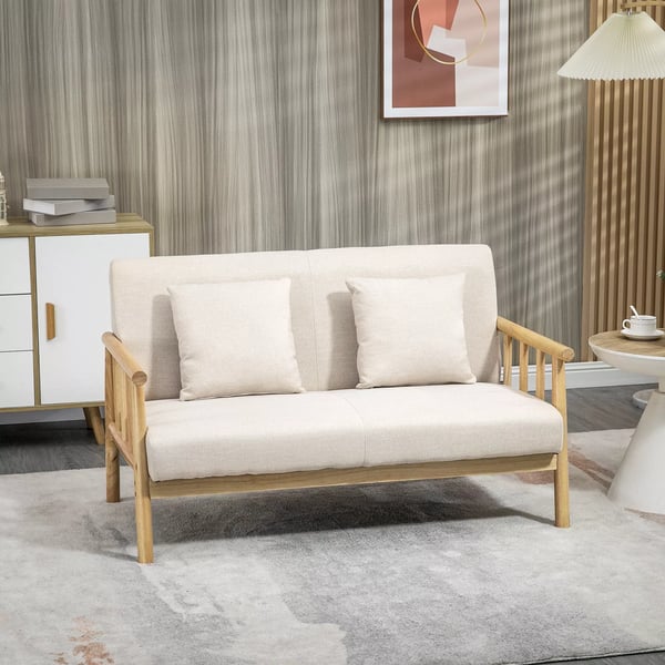 HOMCOM 2-personers sofa, beige, polyester, linned-look, træstel, 2 hynder, pladsbesparende