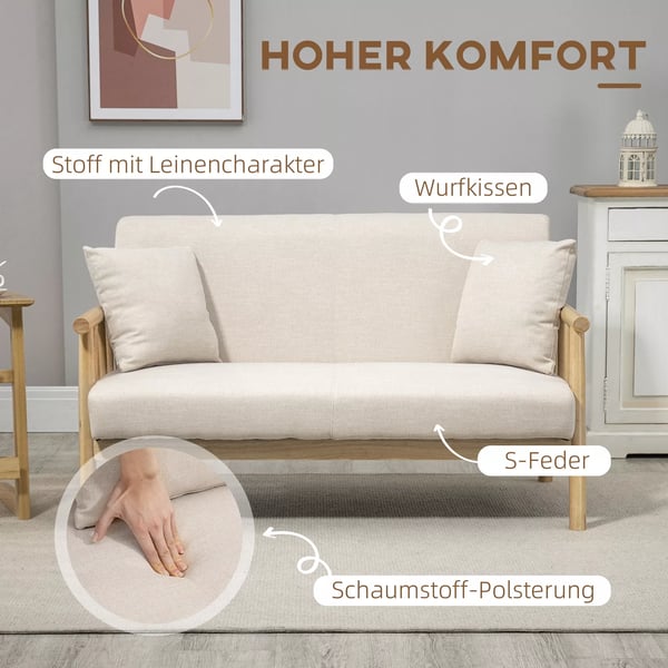 HOMCOM 2-personers sofa, beige, polyester, linned-look, træstel, 2 hynder, pladsbesparende