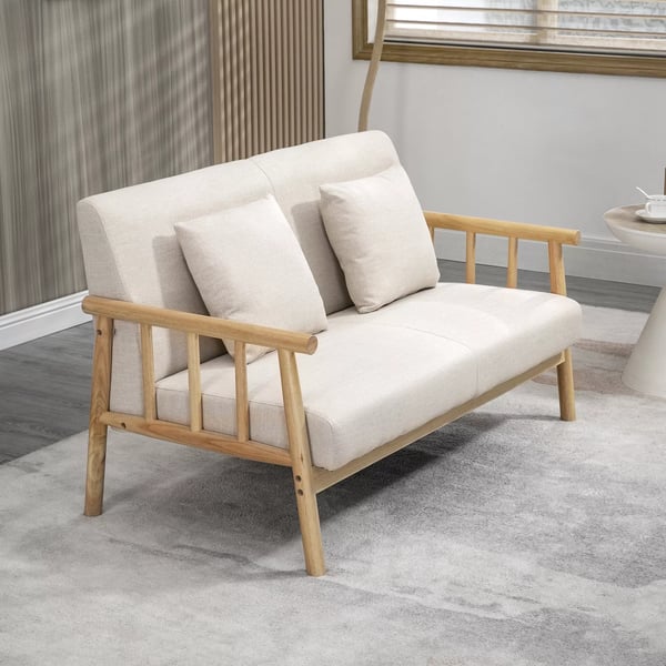 HOMCOM 2-personers sofa, beige, polyester, linned-look, træstel, 2 hynder, pladsbesparende