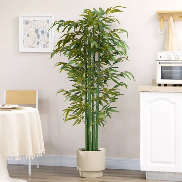 HOMCOM Konstgjord Bambuväxt 180 cm - Grön Polyester, Bambu, Plast, Cement