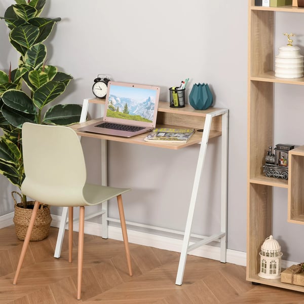 HOMCOM Skrivebord, moderne computertisk med opbevaringshylde & kabelgennemføring, metalstel, hvid+eg, 84x45x85cm