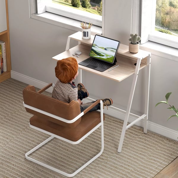 HOMCOM Skrivebord, moderne computertisk med opbevaringshylde & kabelgennemføring, metalstel, hvid+eg, 84x45x85cm