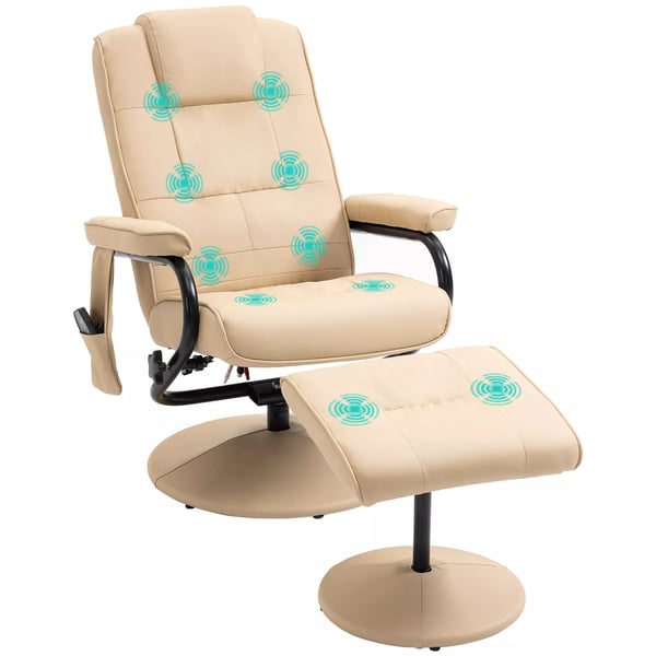 HOMCOM Massagestol med Liggende Funktion og Skammel, Kunstlæder, Creme - 77x84x95 cm