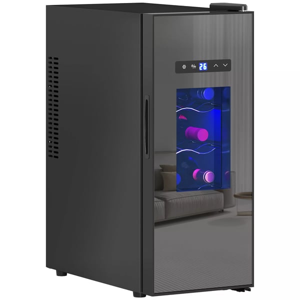 HOMCOM Vinkyl 12 Flaskor 30L 8-18°C Termoelektrisk Flaskkyl med Glasdörr, Dryckeskyl med LED-lampa, Svart Metall