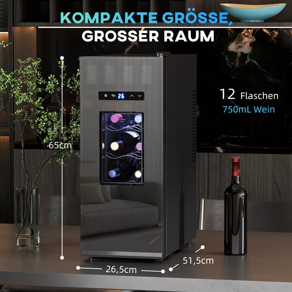 HOMCOM Viinijääkaappi 12 pullolle, 30L, 8-18°C, metalli/lasiovi, musta