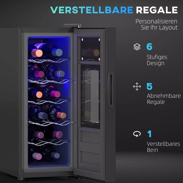 HOMCOM Viinijääkaappi 12 pullolle, 30L, 8-18°C, metalli/lasiovi, musta