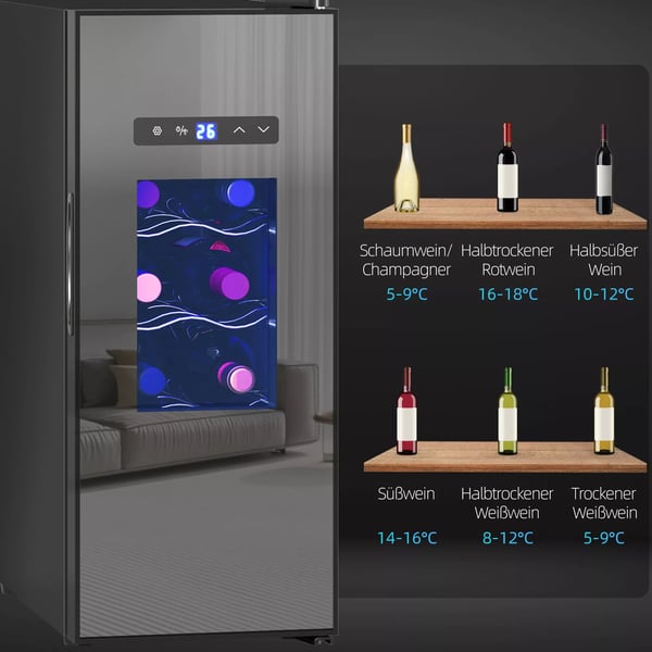 HOMCOM Viinijääkaappi 12 pullolle, 30L, 8-18°C, metalli/lasiovi, musta
