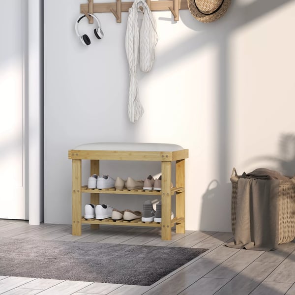 HOMCOM SkobCnk med Opbevaring, Bambus BCnk i Cremefarvet med 2 Hylder
