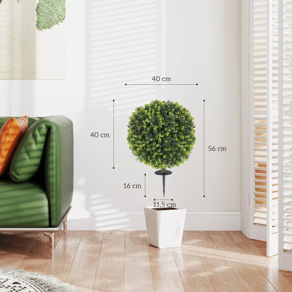HOMCOM 2 stk. Kunstige Buxbom Kuler 40 cm Kunstplante m/jordspyd, Grøn Plastik