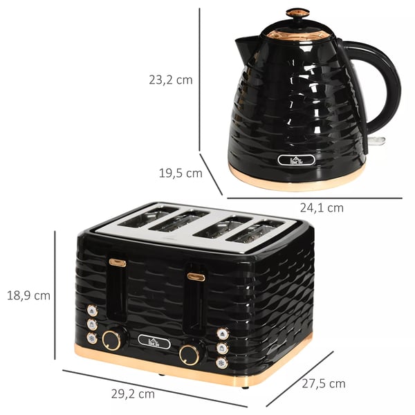 HOMCOM Morgenmads-sæt: Kedel 1,7L & Brødrister med 4 skiver, 2200W, Sort