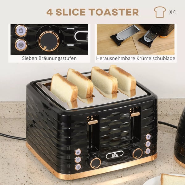 HOMCOM Morgenmads-sæt: Kedel 1,7L & Brødrister med 4 skiver, 2200W, Sort