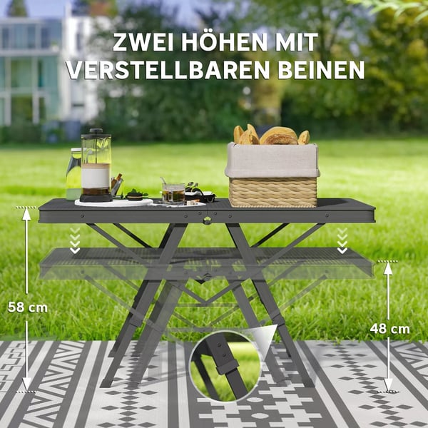 Outsunny Foldbart Campingbord, Hjdejusterbar, Metalrist, Sort - 90x40.5x48/58 cm