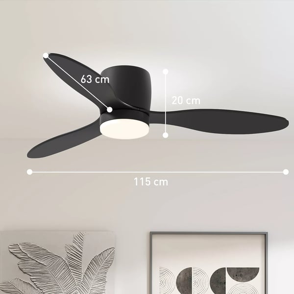 HOMCOM Loftventilator i Sort ABS med LED Lys og Fjernbetjening, 115 cm Diameter, 6 Hastigheder, Timer